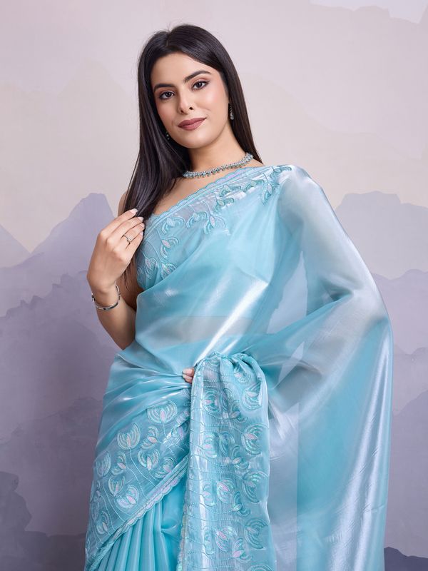Sky Blue Thread & Sequance Embroidery Work Jimmi Silk Saree
