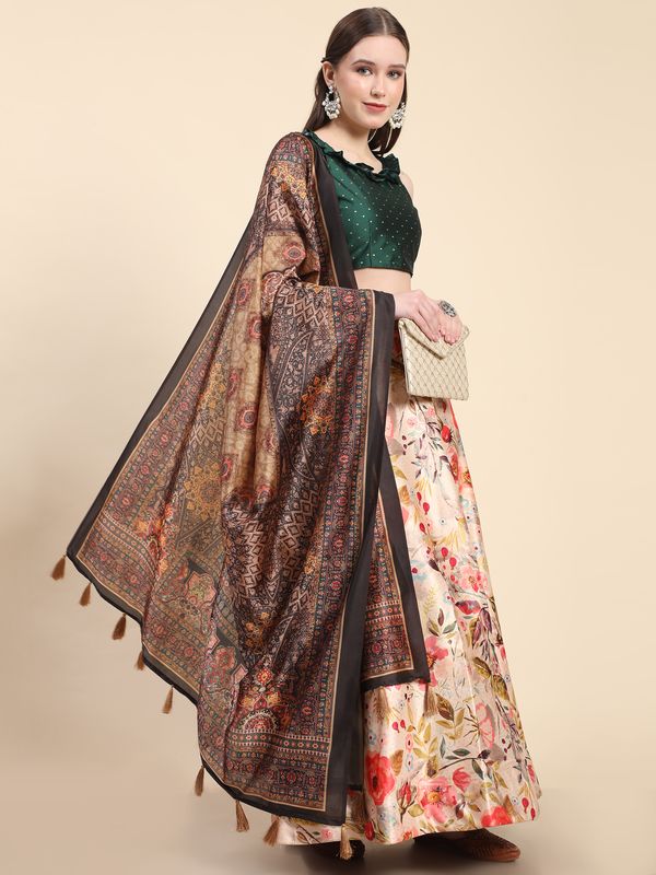 Digital Print Satin Silk Fabric Stitched Lehenga Choli With Jequared Blouse and Assami Silk Thread Work Dupatta For Women and Girls In Festive Party And Traditional Wear