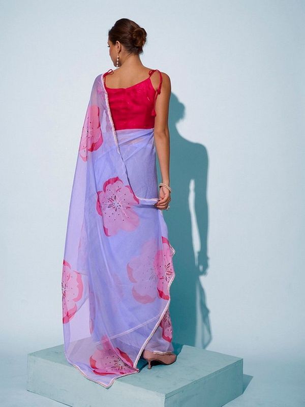 Sky Blue Color Organza Fabric Designer Printed Graceful Bollywood Style Party Saree