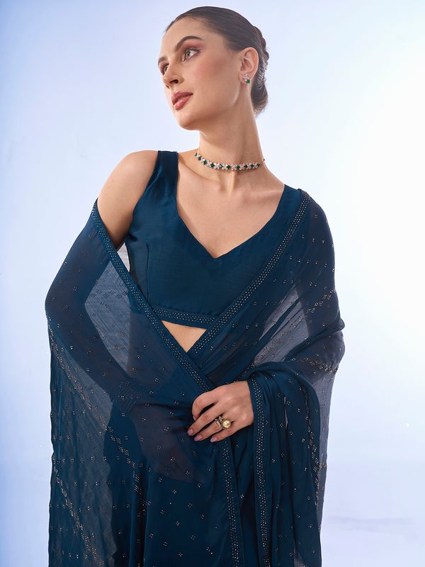 Teal Blue Designer Swarovski Work Satin Chiffon Saree