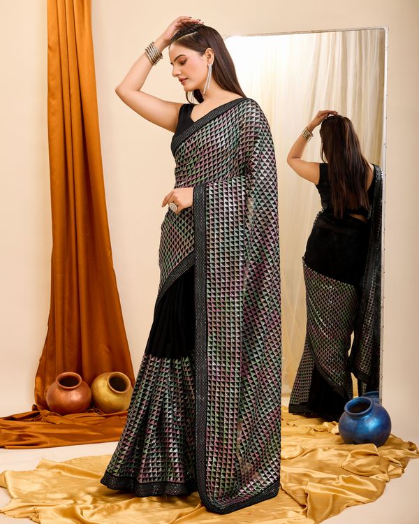 Black Heavy Sequance Embroidery Work Georgette Saree