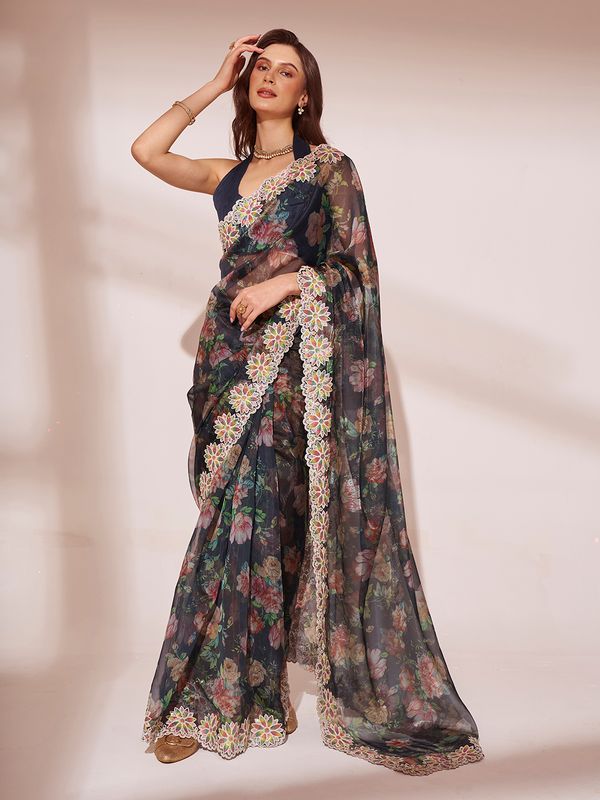 Black Designer Work Lace Border & Swarovski Work Jimmy Choo Saree
