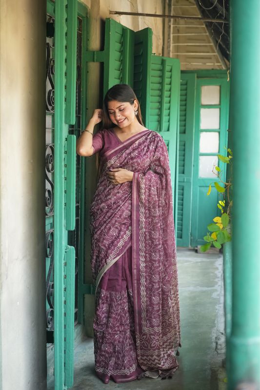 Pink Batik Printed & Embroidery Work Tussar Silk Saree