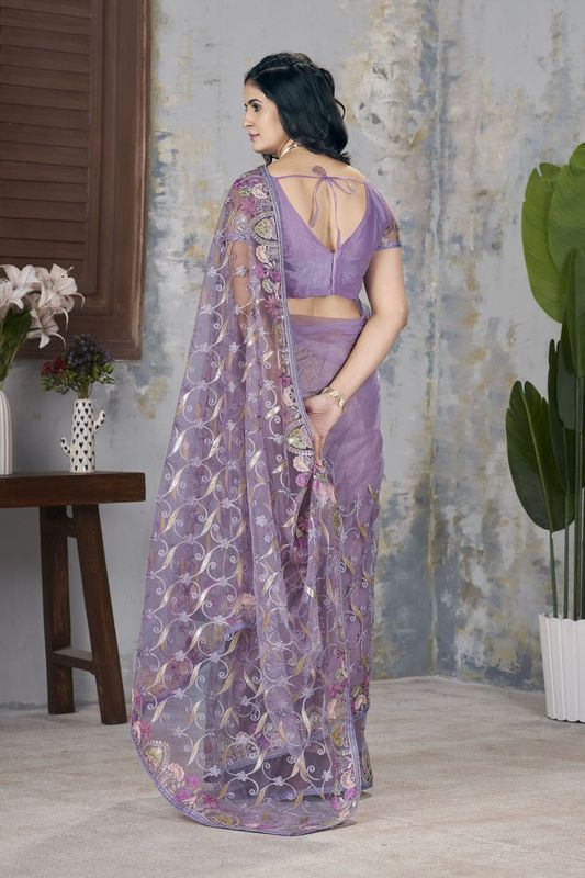 Purple Foil Thread & Aari Dori Embroidery Work Butterfly Net Saree