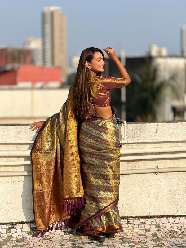 Brown Color Dharmavaram Silk Wevon Laheriya Meenakari Designer Traditional Heavy Rich Looks Saree