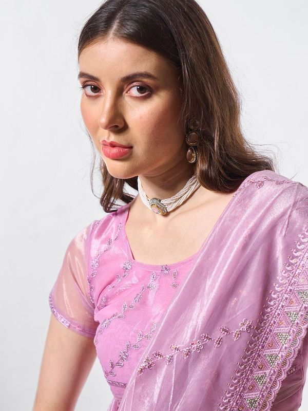 Purple Designer Embroidery Work Gold Tissue Net Saree