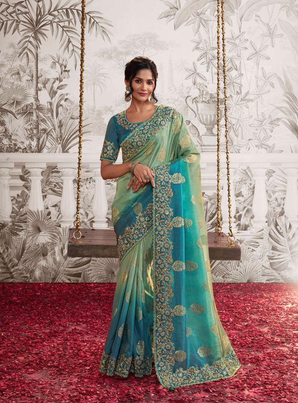 Sky Blue & Sea Green Heavy Designer Embroidery Work Dola Viscose Silk Saree