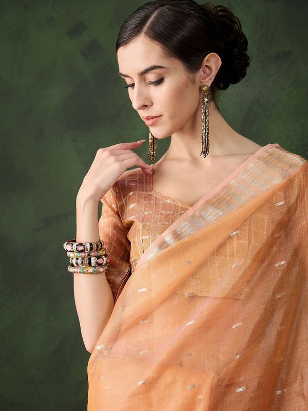 Peach Wevon Jacquard Designer Khadi Organza Saree