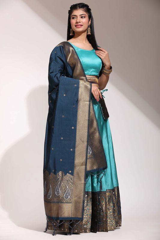 Blue Lichi Silk Jacquard Work Lehenga