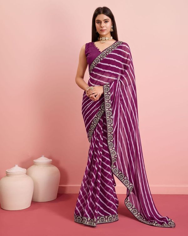 Purple Laheriya Printed & Embroidery Work Lace Border Georgette Saree