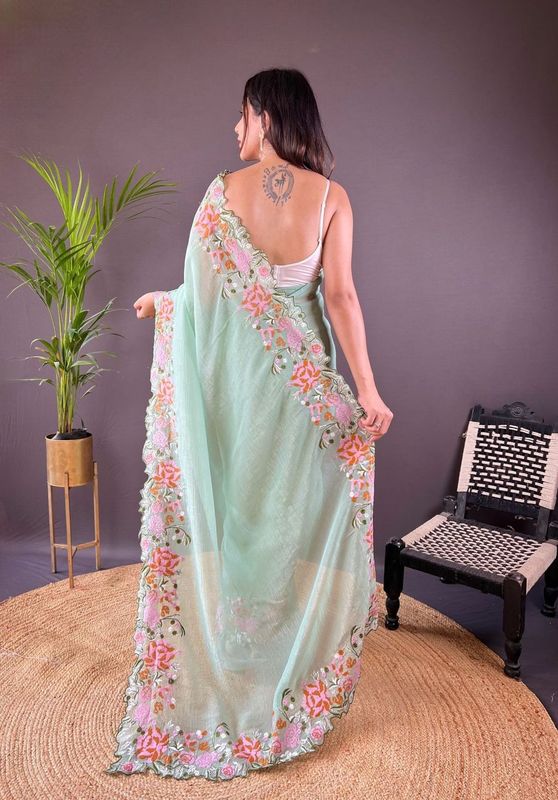 Pista Cross Stich Embroidery Cut Work Glossy Silk Saree