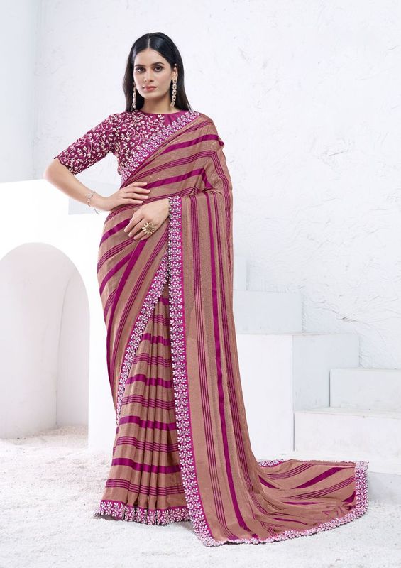 Brown & Purple Moti with Wand Work Pattern Georgette Saree