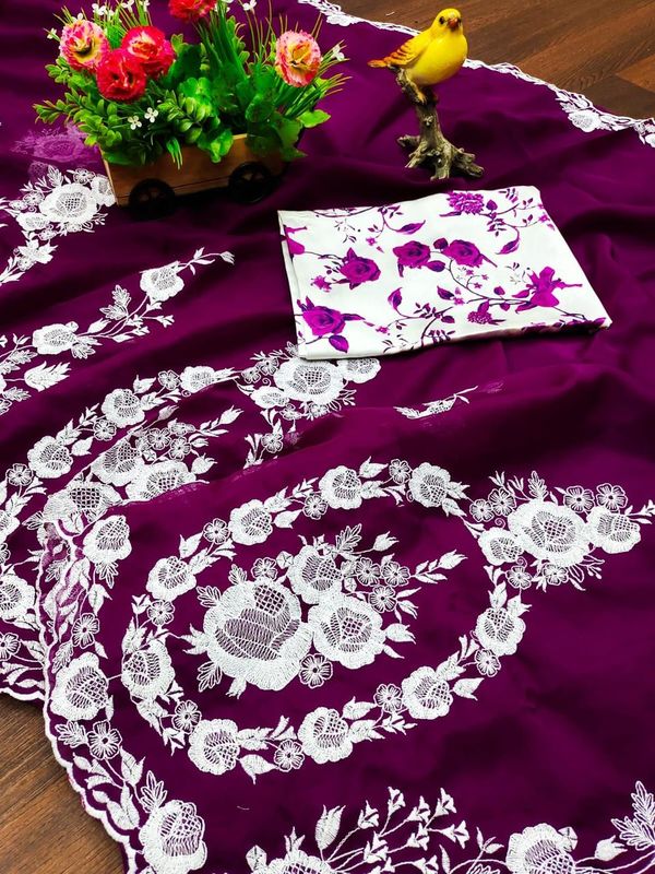 Purple Thread Embroidery & Cut Dana Work Thai Organza Silk Saree