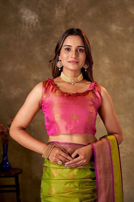 Light Green Cotton Striped Saree and Stitched Pink Blouse