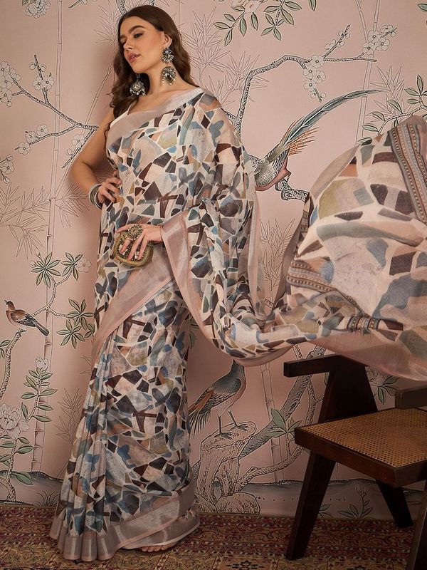 Mauve Color Digital Printed Designer Linen Fabric Graceful Saree