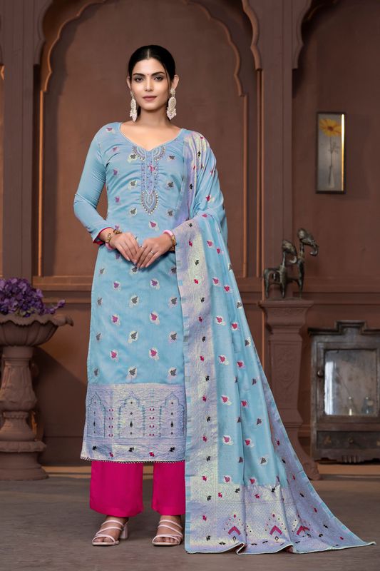 Blue Muslin Wevon Designer With Hand Work Ethnic Designer Salwar Kameez
