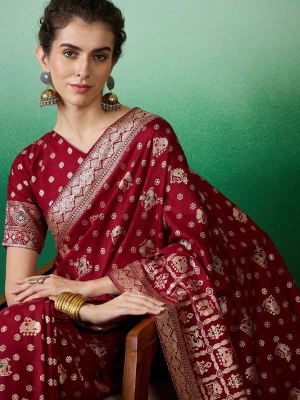 Maroon Wevon Jacquard Designer Staple Dola Cotton Saree