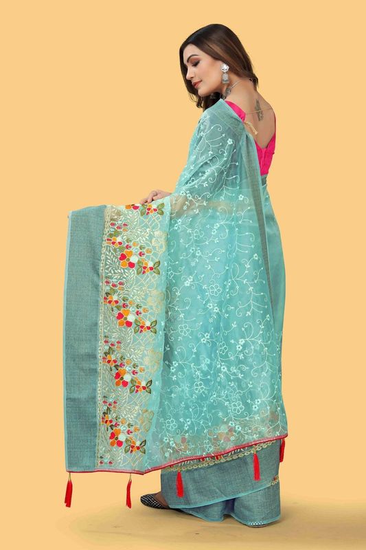 Blue Wevon Jari Patta & Embroidery & Stone Work Organza Silk Saree