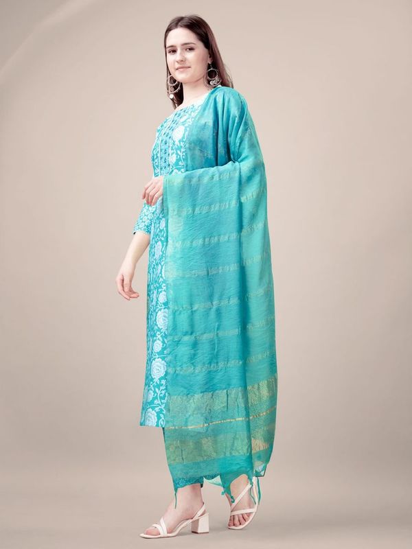 Sky Blue Color Rayon Fabric Designer Printed Readymade Suits With Smart Embroidery Work