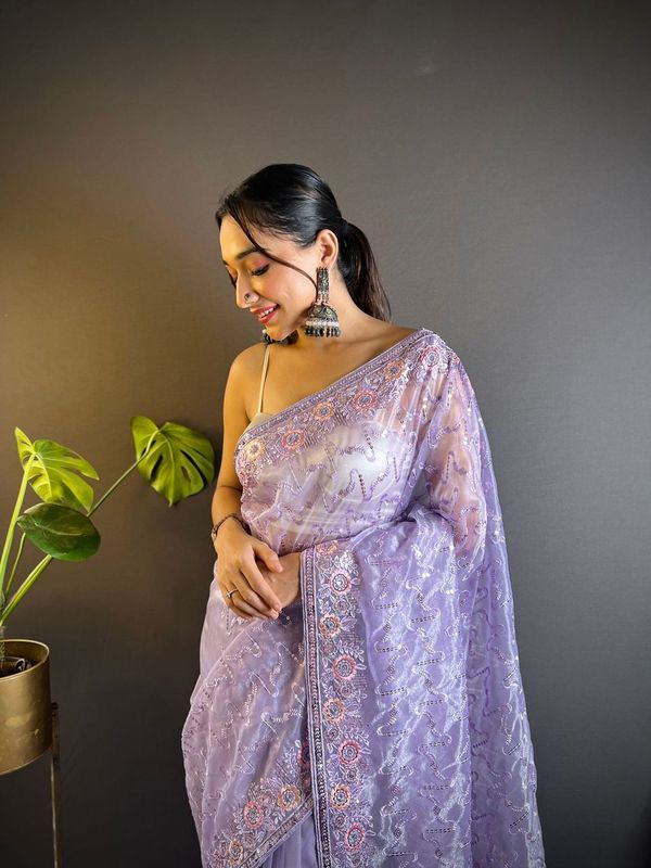 Purple Thread & Sequance Embroidery Work Twill Net Saree