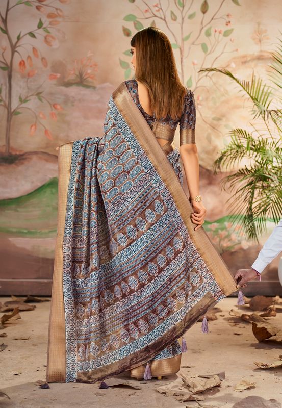 Brown Grey Wevon Border Designer With Printed Dolla Silk Saree
