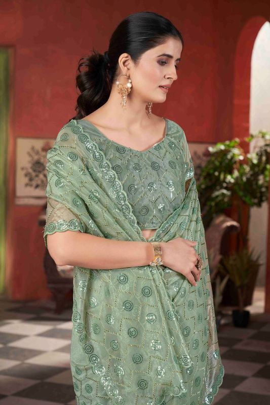 Pista Sequance & Thread & Pite Embroidery Work Tissue Net Saree