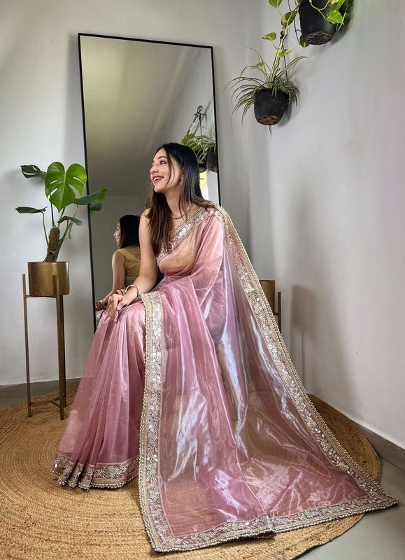 Pink Sequance & Jari Embroidery Work Silver Tissue Silk Saree