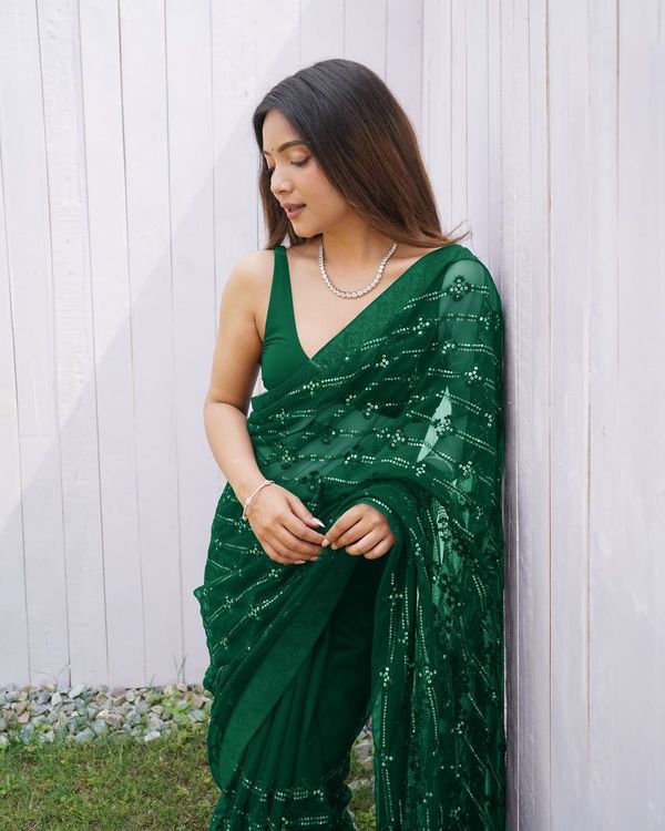 Green Thread & Sequance Embroidery & Diamond Work Butterfly Net Saree