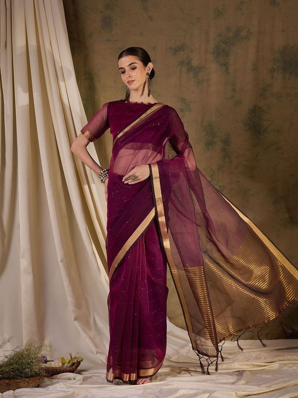 Wine Wevon Jari Pallu Border Designer & Sequance Lining Work Organza Silk Saree