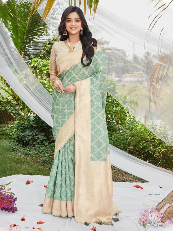 Green Wevon & Designer Printed Cotton Saree