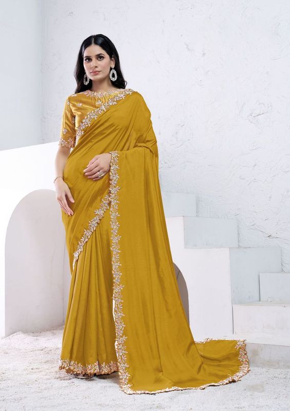 Mustard Moti with Hand Work Crepe Silk Saree
