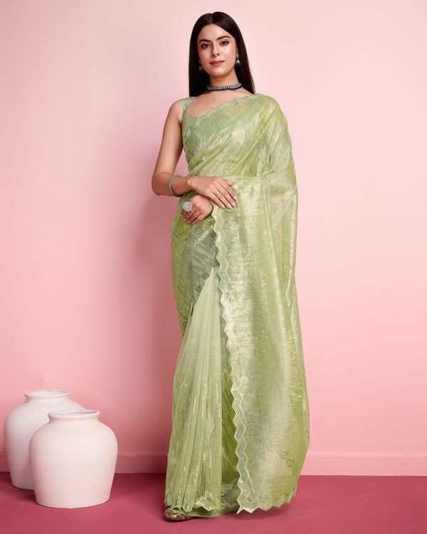 Pista Thread & Sequance Embroidery Work Silver Twill Net Saree