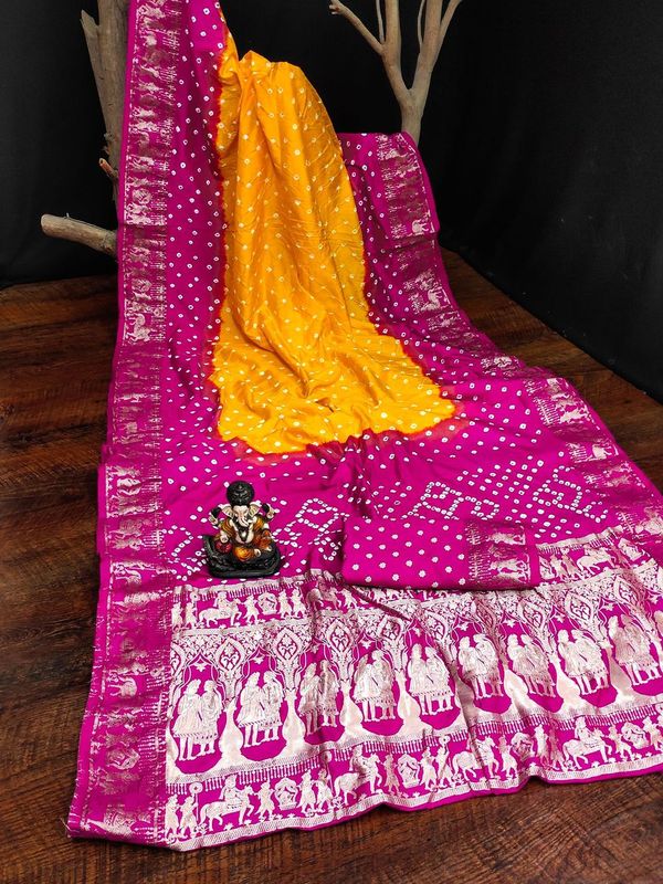 Yellow Wevon Designer & Bhandej Printed Dola Silk Saree