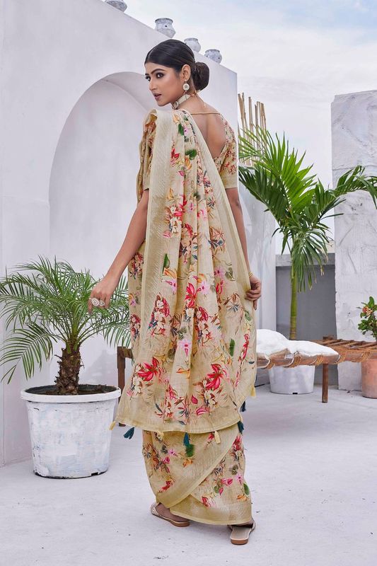 Beige Digital Printed Designer Linen Blend Saree
