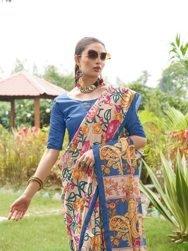 Blue Designer Kalamkari Printed Tussar Silk Saree