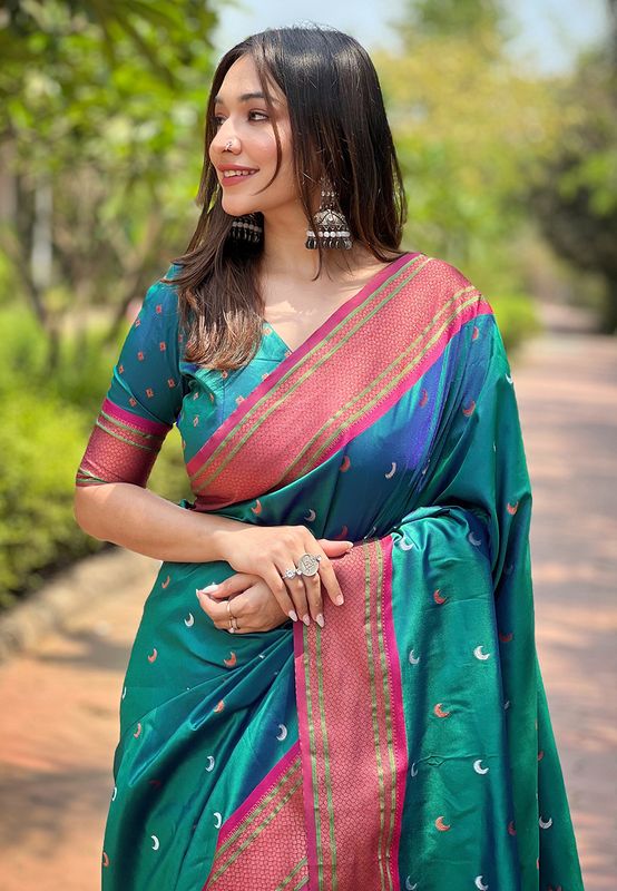 Rama Paithani Silk Wevon Paithani Meenakari Designer Heavy Wedding Wear Trendy Girlie Saree