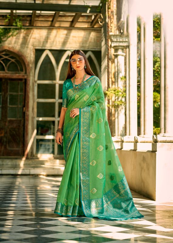 Parrot Green Weaving Designer Tissue Silk Saree