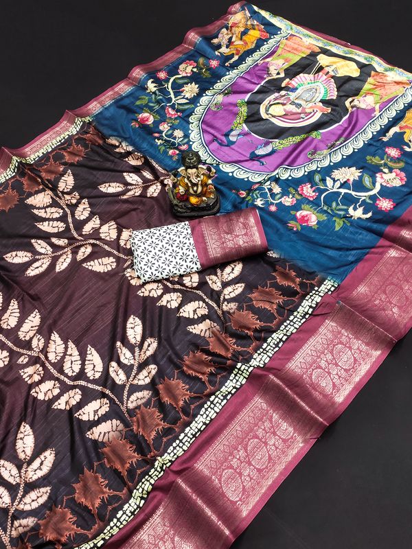 Coffee Wevon Border & Kalamkari Digital Printed Dola Silk Saree