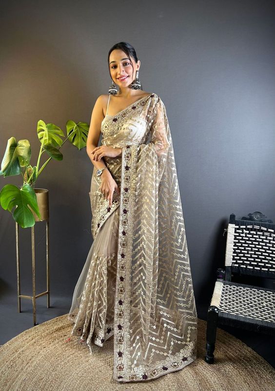 Beige Foil Thread Embroidery & Stone Work Butterfly Net Saree