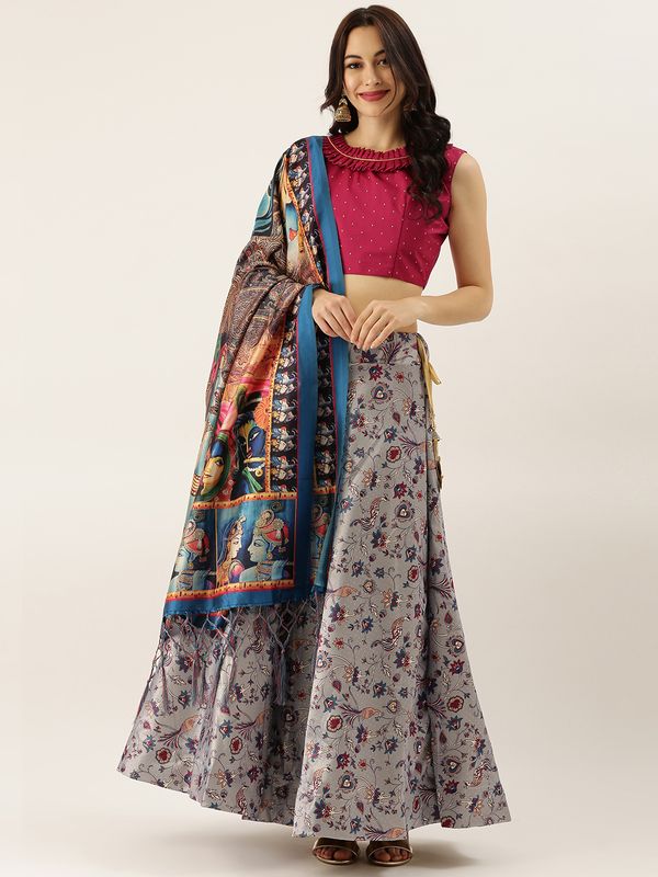 Digital Print Satin Silk Fabric Stitched Lehenga Choli With Jequared Blouse and Assami Silk Thread Work Dupatta For Women and Girls In Festive Party And Traditional Wear