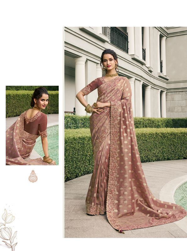 Brown Wevon Jacquard Designer Embroidery Work Viscose Tissue Saree