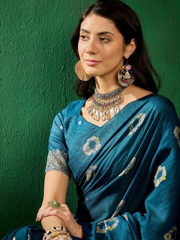 Teal Wevon Jacquard Designer Staple Dola Cotton Saree