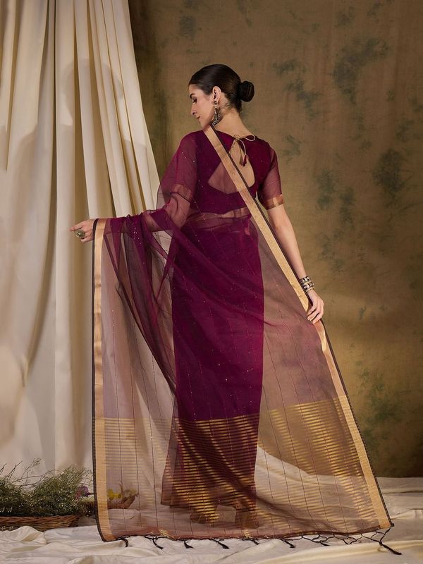 Wine Wevon Jari Pallu Border Designer & Sequance Lining Work Organza Silk Saree
