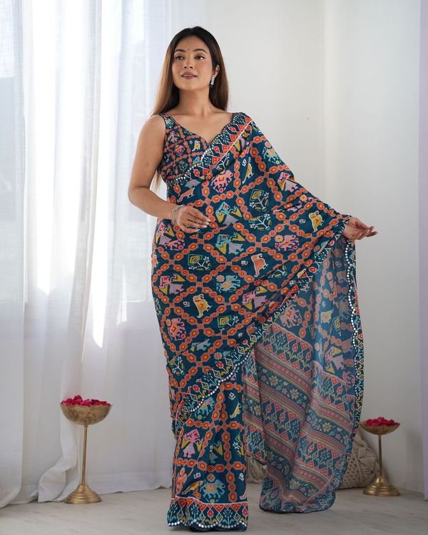 Nevy Blue Designer Digital Printed & Mirror Cut Work Chinon Saree