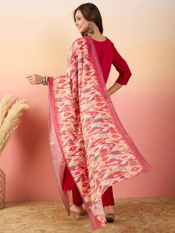 Red Color Rich Looks Hand Woven Readymade Dress With Sophisticated Embroidery Work