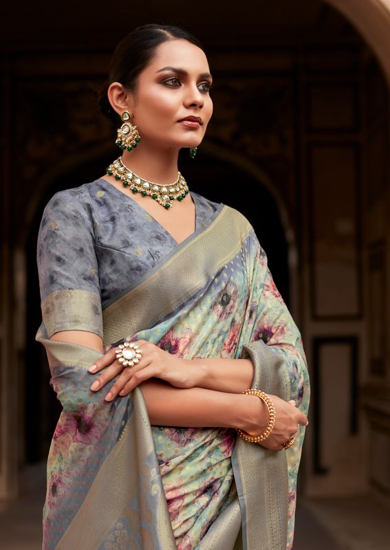 Grey Weaving Border Designer & Digital Printed Tissue Silk Saree