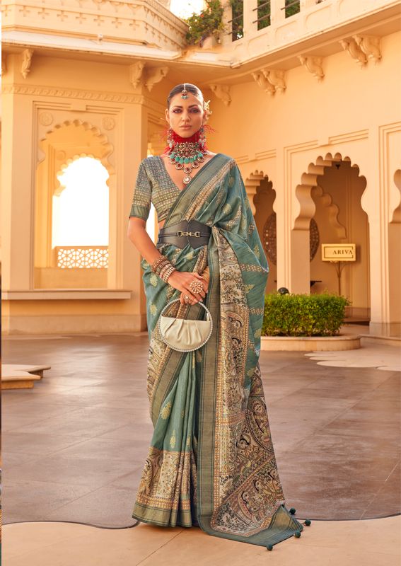 Green Wevon Border Designer & Printed P V Silk Saree