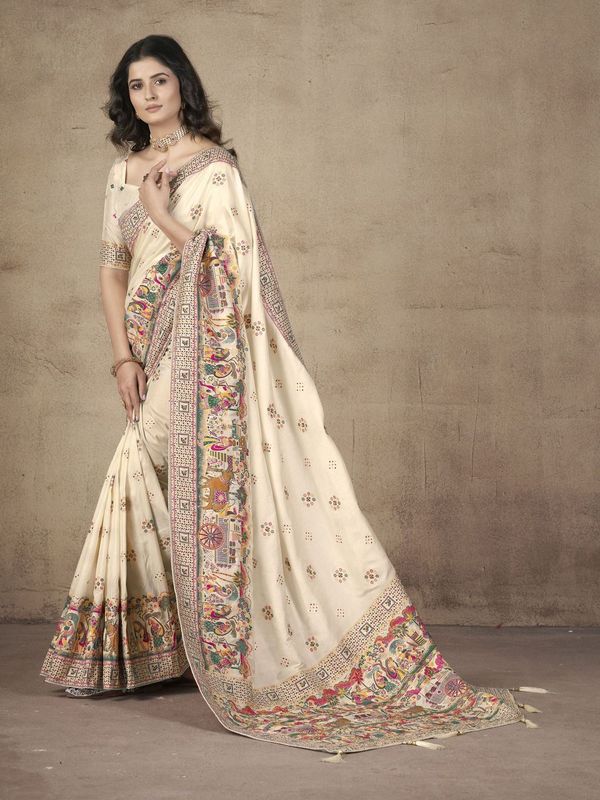 Yellow Wevon Thread & Jari Designer & Hand Work Pashmina Silk Saree