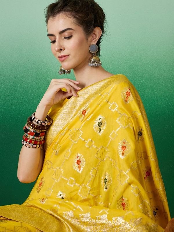Yellow Wevon Jacquard Designer Staple Dola Cotton Saree