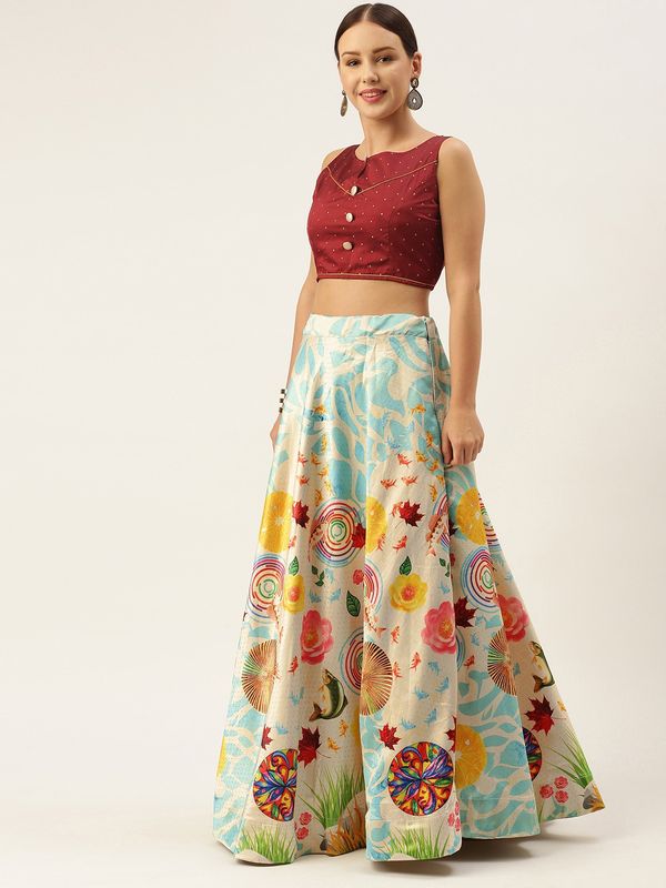 Kalamkari Digital Print Shiney Satin Stitched Lehenga Choli With Unstitched Multi Sequnce Work Blouse and Shiney Silk Dupatta For Women and Girls